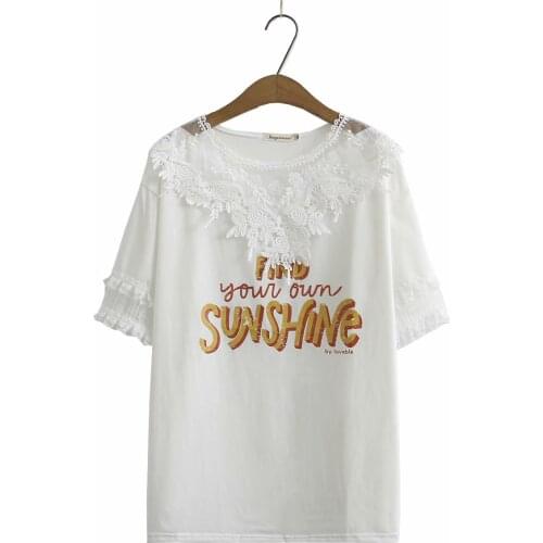 Plus size cotton lace print women summer t shirt 2021 ladies short sleeve O-Neck tee shirts femme green white black t-shirt