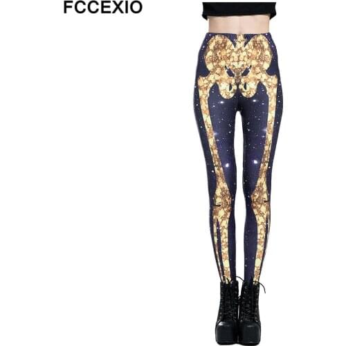 FCCEXIO New Women Skull Leggings High Waist Workout Pants Fitness Legging 3D Galaxy Golden skeleton Printed Leggins Lady Legging