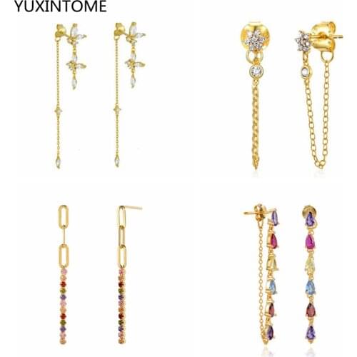 925 Sterling Silver Ear Needle Zircon Round CZ Long Chain Ear Jacket Earrings Female jewelry For Women Gift