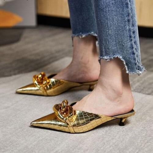 2021 Summer Women Slipper Fashion gold silver sandals Ladies Slip On Mules Shoes Thin Low Heel Pointed Toe Slides Flip
