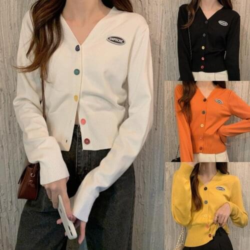 Women Autumn Long Sleeve V Neck Single-breasted Sweater Short Slim Knit Coat