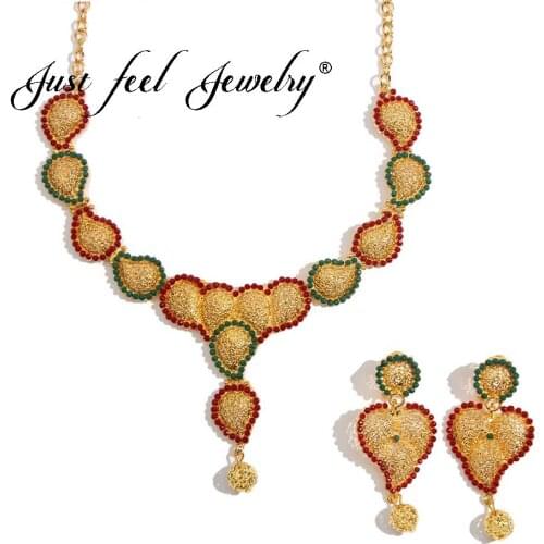 JUST FEEL Golden 2 Color Jewelry Sets For Women Wedding Arab Indian Dubai Charm Bridal Crystal Beads Heart Earrings Necklace Set