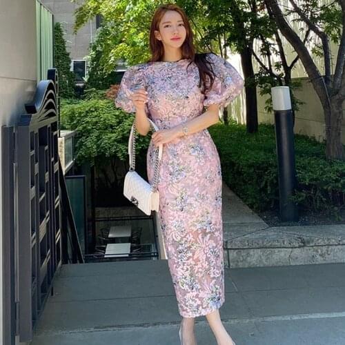 2021 summer Korean Style Slim Fashion Womens Elegant Lantern Sleeve Printed bag hip dress Vestidos
