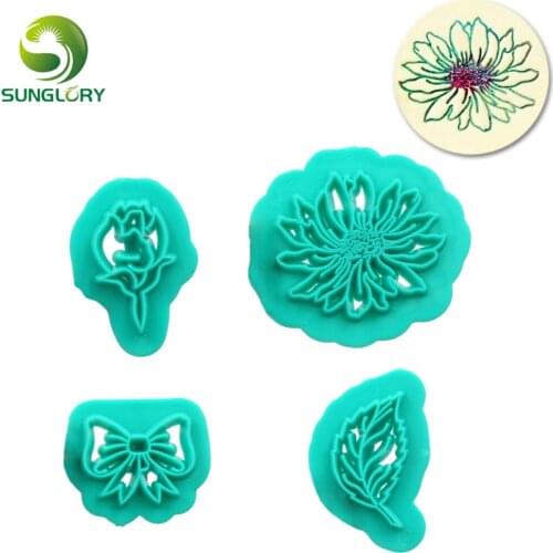 4PCS/SET Plastic Flowers Bowknot Cookie Cutter Leaves Sugarcraft Fondant Cutter Biscuit Mold Kitchen Baking Tools Embossing Mold