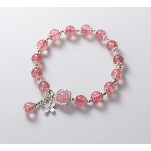 8mm 100% Real. 925 Sterling Silver Fine Jewelry Natural Strawberry crystal &rose quartz Flower Charms Bracelet C-S2744