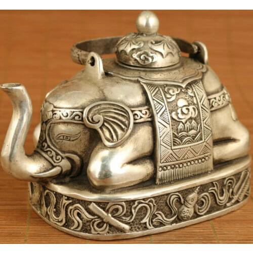 Antiques big chinese old Tibet silver elephant statue tea pot home decoration
