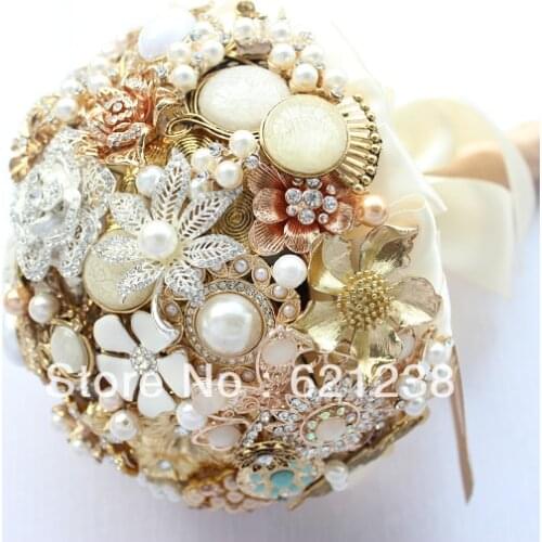EMS Free Shipping,Champagne wedding special holding flowers, umbrella jewelery pearl brooch bouquets, custom wedding bouquet