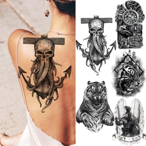 Black Large Anchor Back Octopus Pirate Skeleton Halloween Temporary Tattoos For Men Adult Compass Wings Fake Tattoo Stickers