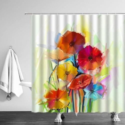 Colorful Water Color Flower Red Yellow Shower Curtain Set Bathroom Supplies Fabric High Quality With Hooks Decor 3D Printing