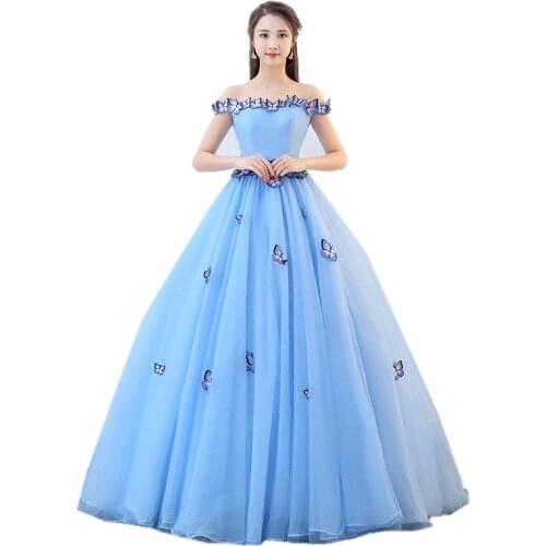 Fairy Vestido Debutante Cheap Prom Gowns Light Blue Ball Gown Butterfly Quinceanera Dresses Simple Off The Shoulder