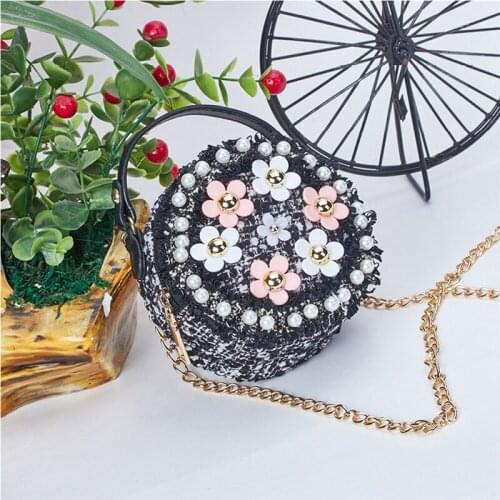 Children Flower Pattern Shoulder Bags Messenger Bag Girls Pearl Decoration Crossbody Bag Round Satchel Handbags