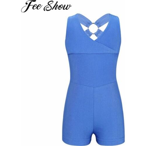 FEESHOW Kids Girl Ballet Leotard Dress Sleeveless V Neck O Ring Cross Back Dress Gymnastics Leotard Jumpsuit for Dancing Costume