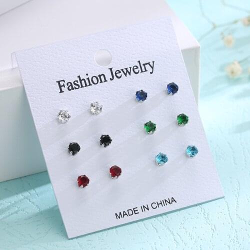 FYM 6 pair/Set Charm Cubic Zircon Alloy Round Ball Silver color Stud Earrings Fashion CZ Earring Jewelry Accessories Wholesale