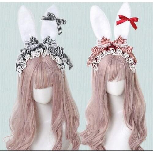 Kawaii Lace Big Bowknot Plush Rabbit Ears KC Headwear Headband Cosplay Hair Band Lolita Hair Accessories B1731