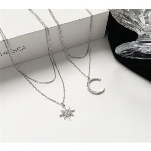 Classic Double Chains Rhinestone Inlaid Metal Crescent Star Moon Pendent Necklace for Women Men Girls Collar Jewelry Gift Trend
