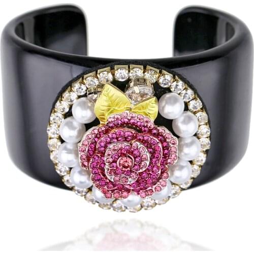 HAHA&TOTO Trendy Black Resin Bangle Cuff Bracelet Inlaid Handmade Crystal Beaded Flower Statement Bracelet Women Jewelry 3322