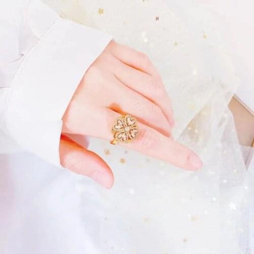2021 New Fashion Lucky Wheel Ring 3A Zircon Four Heart Clover Rotatable Rotating Gold Adjustable Open Rings for Women Teen Girls
