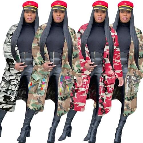 Fall Winter Letters Camouflage Coats and Jackets Women Turn Down Collar X-Long Coat Streetwear Long Sleeve Pockets Slim Jacket