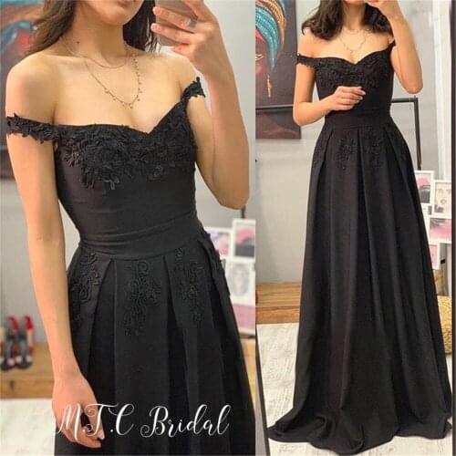 Simple Black Long Lace Evening Dress Off The Shoulder A Line Floor Length Wholesale Wedding Party Dresses Custom Made 2019