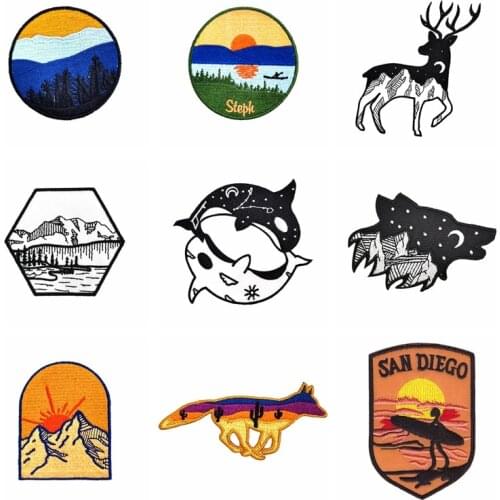 Outdoor Scenery Cloth Stickers Embroidered Patch Landscape Grass Sun Animals Iron-On Stickers For Clothes Patches For Clothing