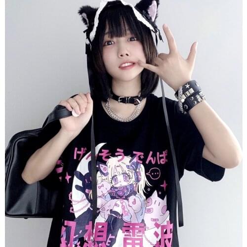 Japanese Cute Sweet Girl Anime Cartoon Print Fantasy Radio Kawaii Top Loose casual Vintage Chic INS Streetwear Fun Women T-shirt