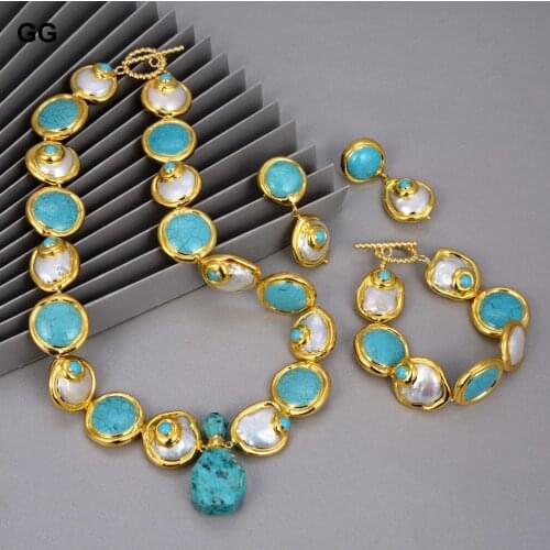 GuaiGuai Jewelry Natural Cultured Baroque Coin Pearl Gold Color Plated Blue Turquoises Necklace Bracelet Earrings Sets For Women