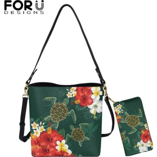 FORUDESIGNS Pu Women Shoulder Bucket Bag And Purse 2Set Hawaiian Sea Turtle And Hibiscus Design Female Tote Sac Bolsa de Mujer