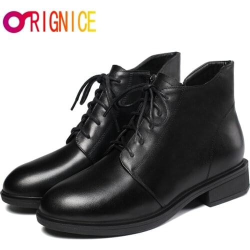 Orignice Cow Leather Chunky High Heels Ankle Boots Women Lace Up Black Classic Autumn Winter Warm Rubber Comfortable Shoes