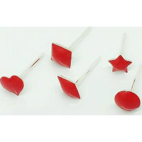 925 Sterling Silver Cute Small Star/Heart/Round/Square/Rhombic Red Glaze Stud Earrings For Women Red Enamel Stud Earrings