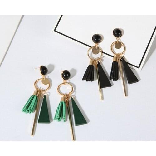 Korean Wood Tassel Drop Earrings Vintage Geometric Triangle Long Dangle Earrings For Women Jewelry Black Green Pendientes 2019