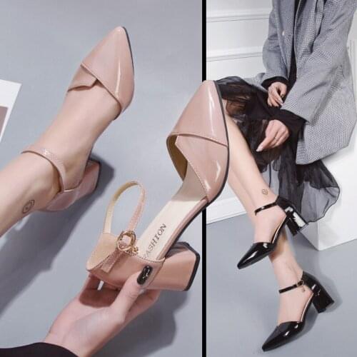 Pointed single shoes women 2021 new shallow mouth high heels spring and summer hollow one word buckle thick heel sandals