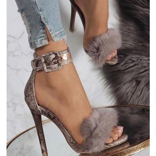 Drop Shipping Summer New Women Snake Skin Python Faux Fur Feather Open Toe Buckle Stiletto Heel Party Sandals Shoes Lady size 42