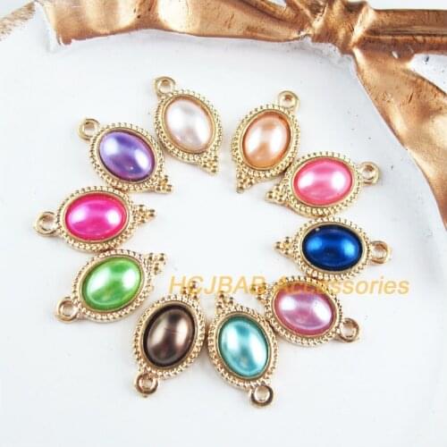 20 New Oval Charms Gold Color Retro Mixed Acrylic Flower Pendants 9x17mm