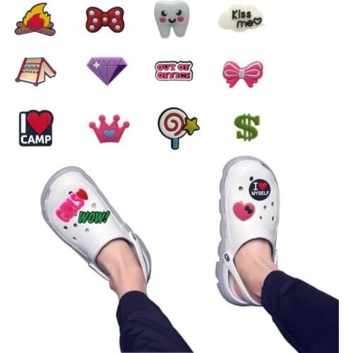 50pcs Cute PVC Shoe Charms for Girls Bow Crown Candy Lips Teeth Love Diamond Clog Accessories Shoe Decoration Ornament Kids Gift