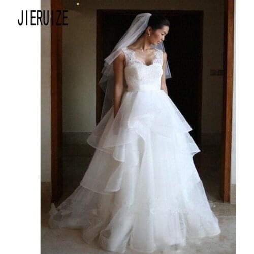 JIERUIZE White Ruffles Organza Wedding Dresses Square Collar A Line Wedding Gowns Lace Up Back Bridal Dresses robe de mariee