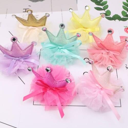 Glitter Royal Crown Patch Sticker Decorated Chiffon Fabric Flowers Button 2pcs handmade Floral Garment Tiaras Headband DIY