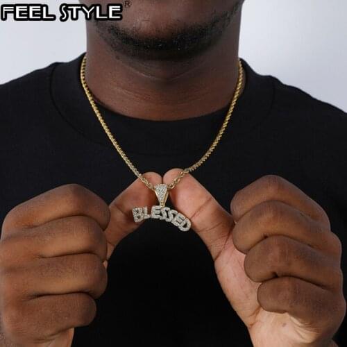 Bling Iced Out BLESSED Letters Cubic Zircon Necklaces & Pendants For Men Hip Hop Rapper Jewelry With Tennis Chain