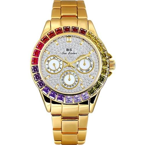 BS 1654 Rainbow Colors Full Diamond Dial Lady Trend Watches Luxury Brand Ladies Dress Elegant Fashion Wristwatches