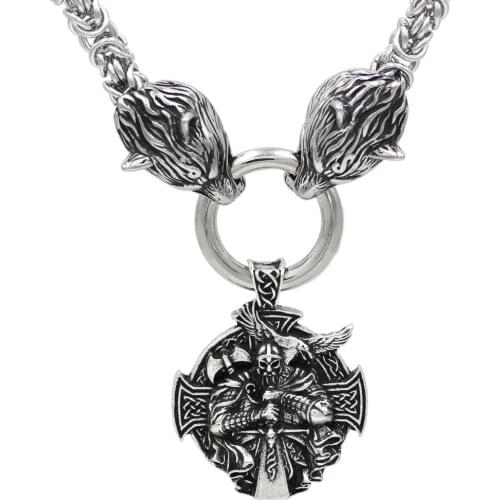 Men stainless steel Wolf head norse viking amulet thor hammer pendant necklace handmade chain