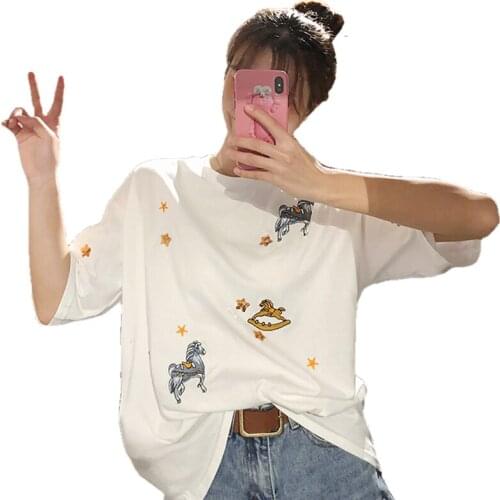 Women Embroidery Oversized T Shirt Black White Short Sleeve O-Neck Casual Tees