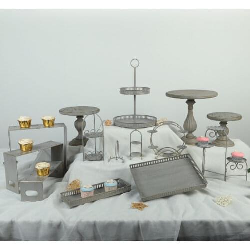European gray brush gold wooden cake plate wrought iron wedding dessert table decoration afternoon tea snack plate display stand