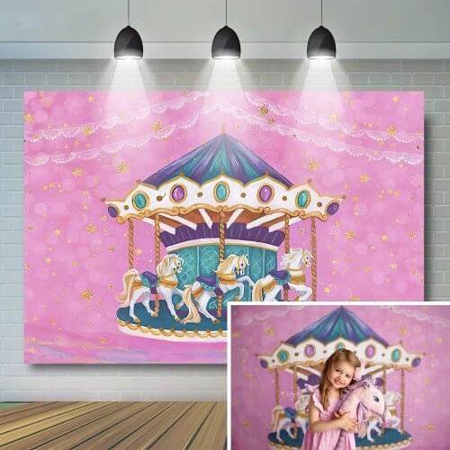Circus Theme Girl Birthday Photography Backdrop Pink Carousel Golden Glitter Star Newborn KId Photo Prop Studio Booth Background