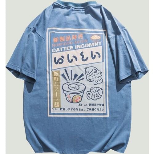 Streetwear Harajuku Mens Cartoon Japanese Noodle Printed Short Sleeve T-Shirts Summer Fashion Hip Hop Casual Loose Cotton Tops