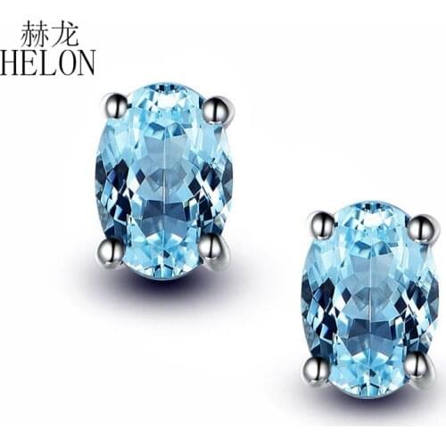 HELON Women Earring Solid 14k White Gold AU585 Genuine Bule topaz Women Trendy Fine Jewelry Gemstone Stud Earring