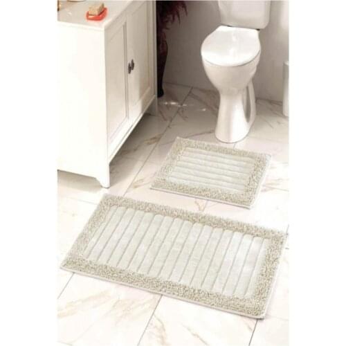 2li Cotton Toilet Seat Pad Bath Mat Set Diamond Cream Cotton 2'li Slip-Resistant Outsole Beige