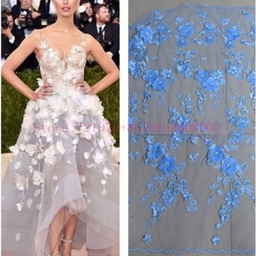 La Belleza 1 yard New fashion light blue 3D flowers Rhinestones on netting embroidered wedding/evening dress lace fabric 1 yard