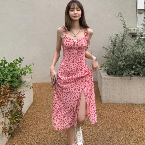 Fashion Summer Vintage Sexy Strap Sleeveless Midi Party Dress Ladies Elegant Robe Casual Sweet Floral Print Beach Vacation Dress