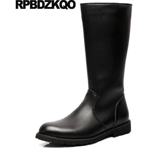 Round Toe British Style Black Tall 2018 Designer Fashion Mens Knee High Leather Boots Zipper Fall Shoes Riding Autumn Mid Calf