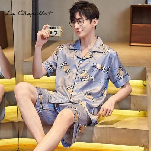 Men Summer Ice Silk Sleepwear Thin Breathable Pajama Sets Cartoon Silk Pajamas Comfort Satin Pajama Male Casual Pijama Plus Size