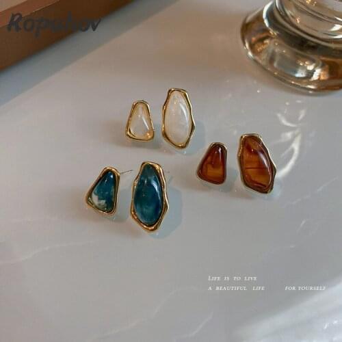 ROPUHOV 2021 New Trendy 925 Silver Needle Resin Ear Korean Retro Small Versatile Earrings Gift